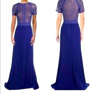 Tadashi Shoji Lace & Crepe A-Line Gown Formal Dress Maxi Short Sleeve Blue 6